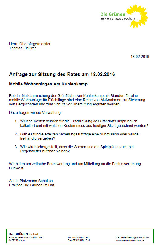 Anfrage der Grünen im Rat an OB Eiskirch vom 18.2.2016