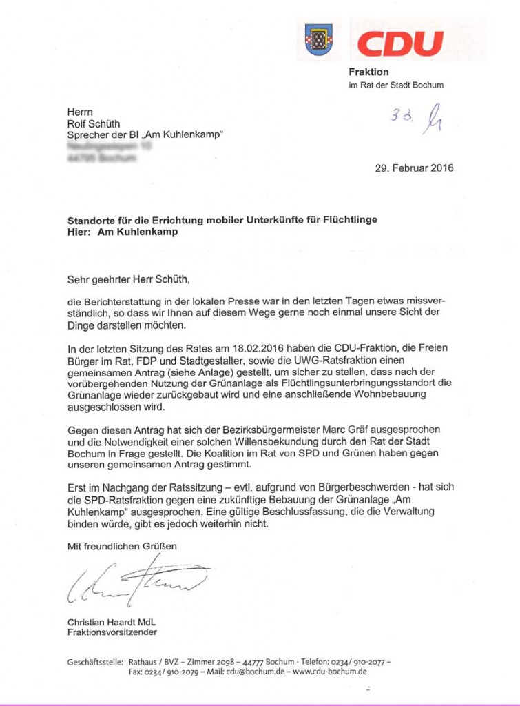 Stellungnahme der CDU Bochum zur Ratssitzung 18.2.16