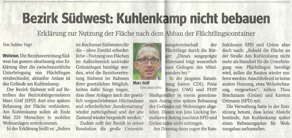 Bezirksbürgermeister Gräf spricht sich gegen eine spätere Bebauung der Grünanlage Am Kuhlenkamp aus.