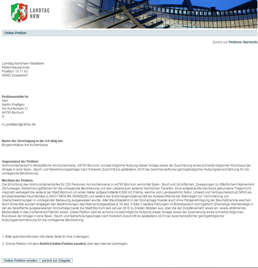 Onlinepetition in den Petitionsausschuss Landtag NRW