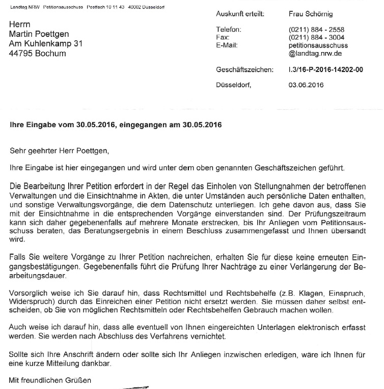 Erste Antwort aus dem Landtag NRW zur am 25.5.2016 eingebrachten Petition
