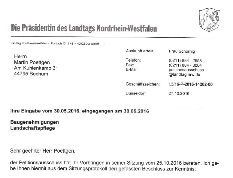 Anschreiben des Petitionsausschusses Landtag NRW