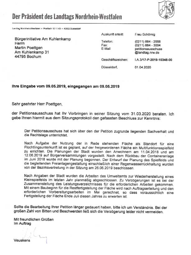 Antwort des Petitionsausschusses Landtag Düsseldorf vom 1.4.2020